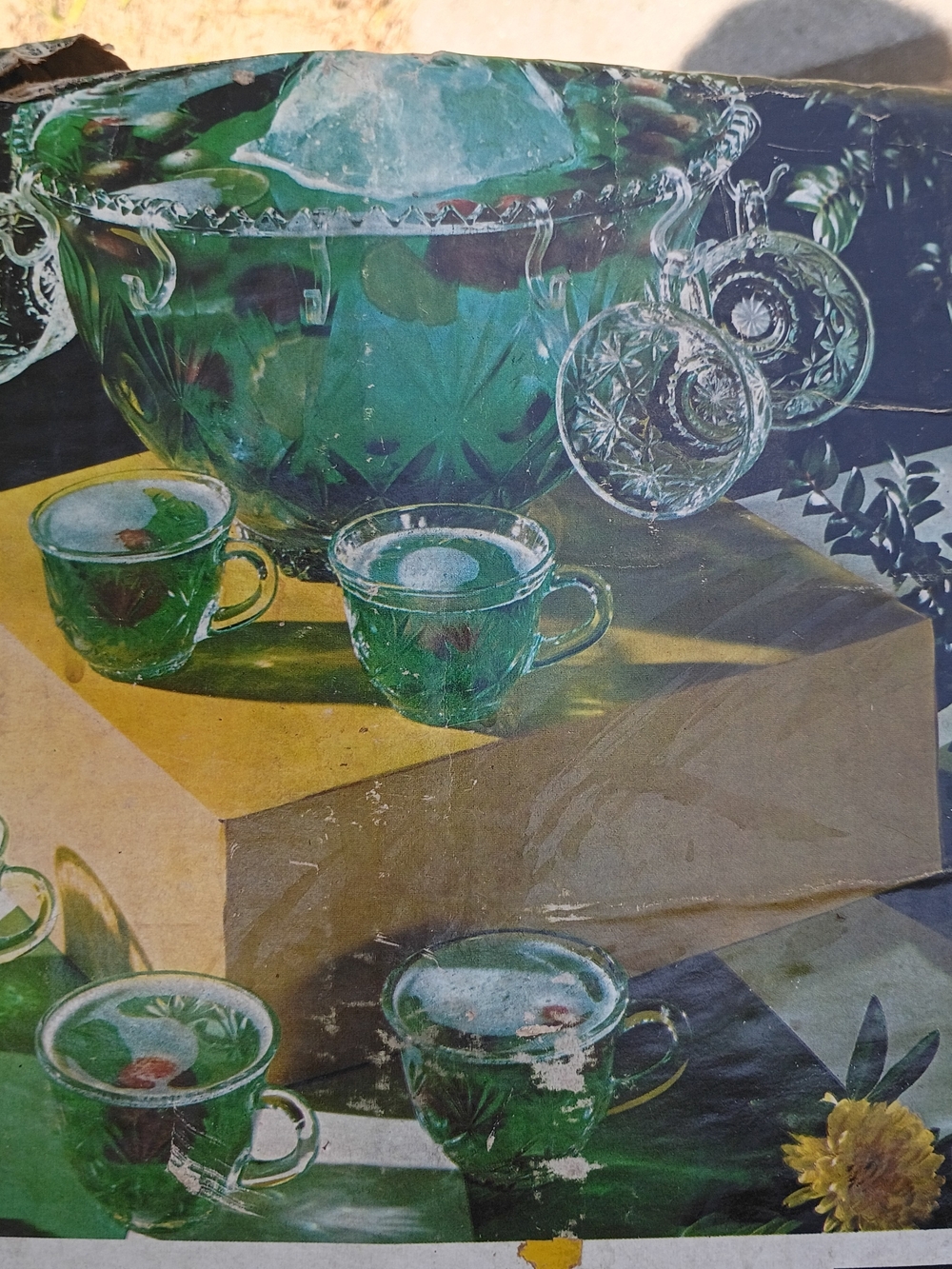 Green Crystal Punch Bowl Set Of Only glasses, Spoon, And Hooks